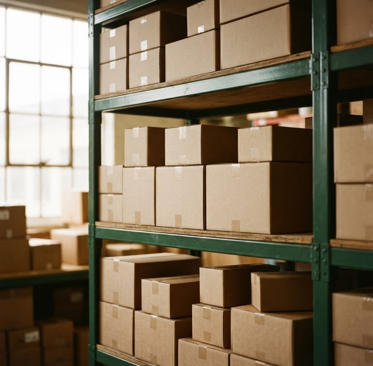 Medium-to-close environmental shot of organized warehouse shelves with high-quality cardboard packaging under natural window light, 35mm