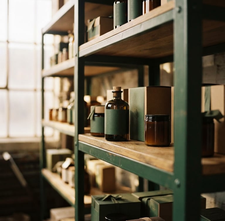 Close-up environmental shot of an organized warehouse shelf with high-quality product packaging, warm natural window light, rich deep forest green and oak tones, shallow depth of field, 35mm