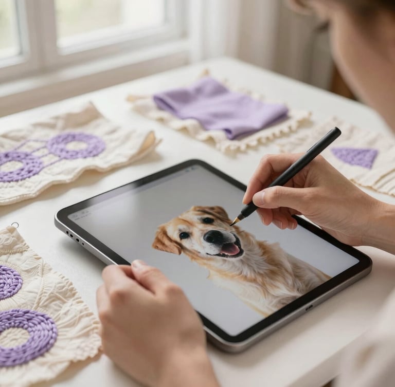 Hands working on a digital tablet, tracing a pet photo, with embroidery threads and fabric swatches in the background, soft morning window light, cozy cream and lavender tones
