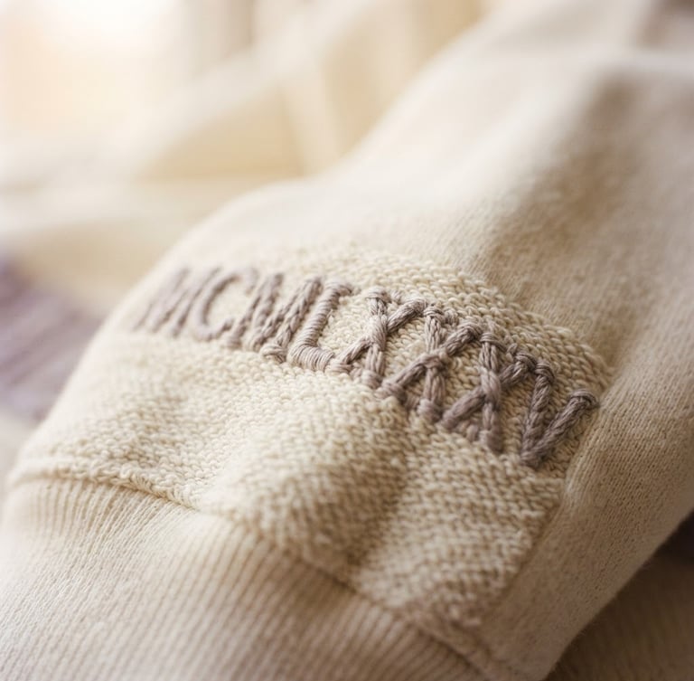 Macro detail shot of thick, high-density embroidered Roman numeral dates on a heavy cream cotton hoodie sleeve, soft morning window light, shallow depth of field