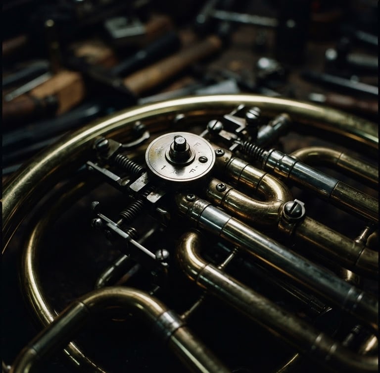 Extreme macro shot of a polished brass French horn valve under cool focused task lighting, deep shadows, dark moody workshop photography, 35mm film.