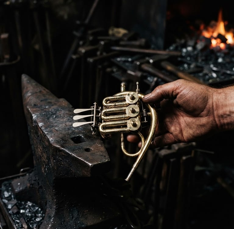 Extreme macro shot of a hand holding a polished brass French horn valve next to dark, soot-stained anvil, dramatic chiaroscuro workshop lighting, 35mm film