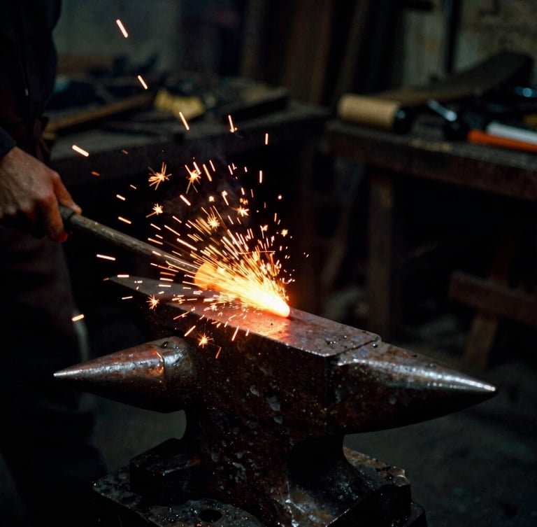 A glowing hot iron bar struck on an anvil, sparks flying in deep shadows, dramatic workshop firelight, 35mm film