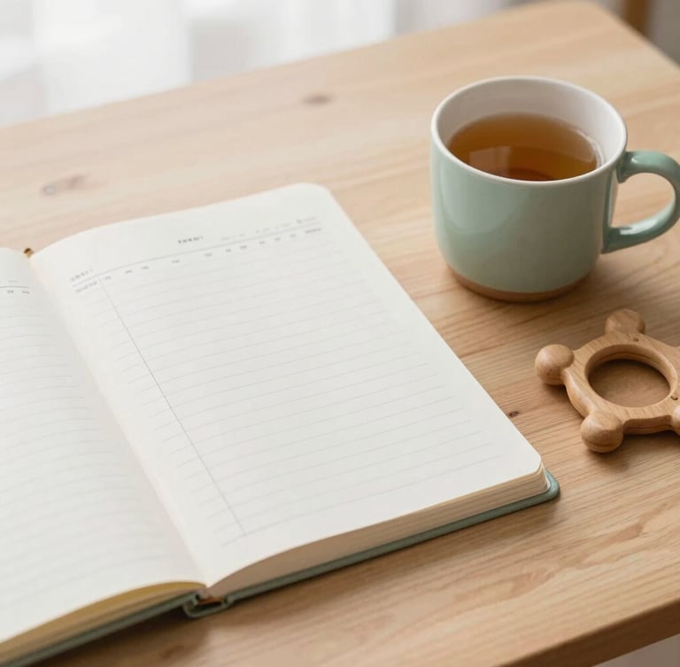 A wooden table with a neatly printed budget planner, a ceramic mug of tea, and a small wooden baby rattle, soft natural daylight, minimalist and peaceful composition.