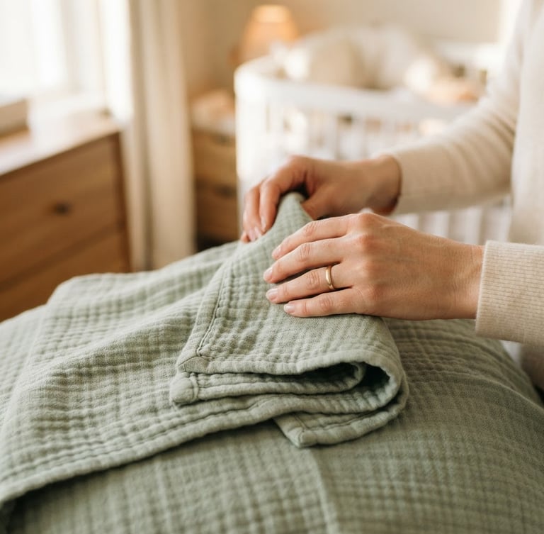 Close-up of a mother's hands gently folding a soft sage green cotton baby blanket, warm morning daylight diffusing through a nearby window, shallow depth of field, soft editorial photography.