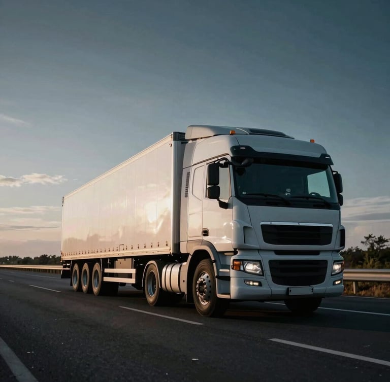 Low-angle heroic shot of a clean modern semi-truck on a wide-open highway under dramatic early morning light, high-contrast cool tones, 35mm