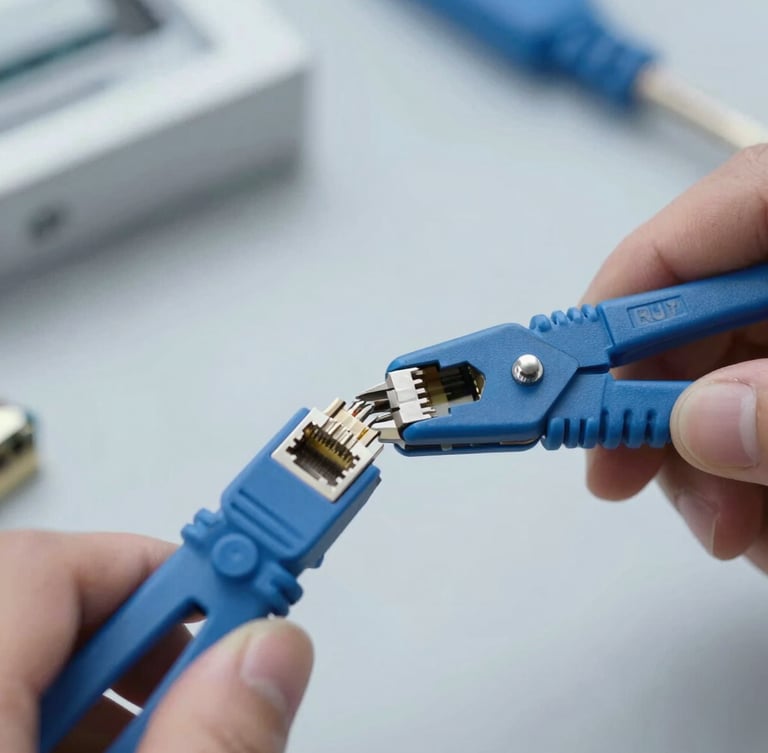 Close-up of hands crimping a blue RJ45 network connector with professional tools, sharp focus, cool industrial lighting