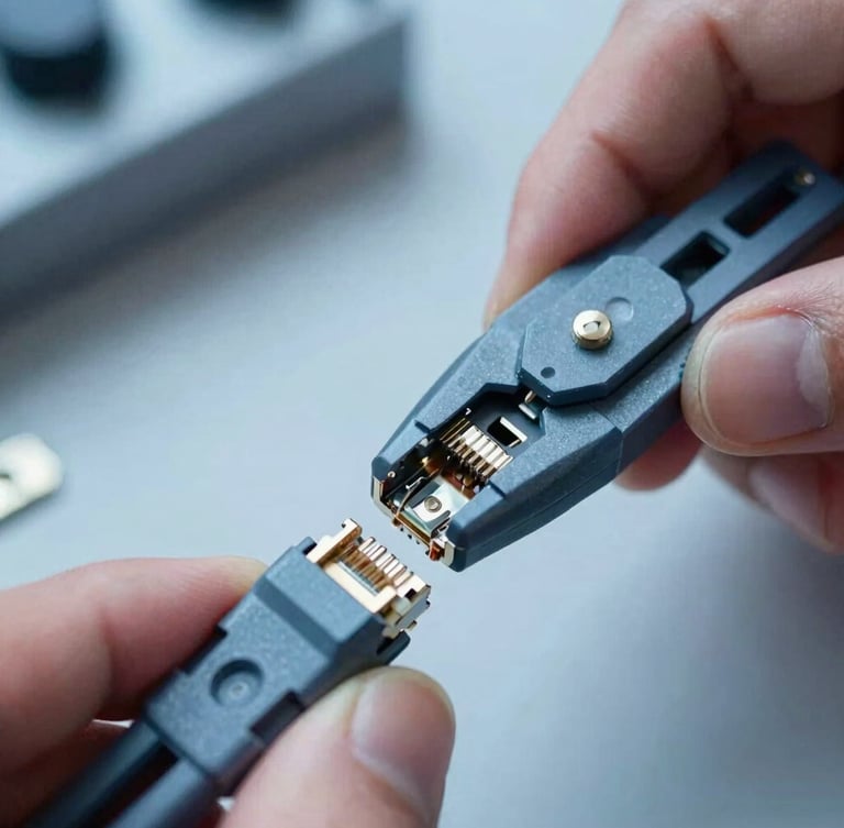 Macro close-up of technician hands crimping an RJ45 connector, high-contrast cool daylight, sharp focus on hardware, industrial blue and gray tones, 35mm lens