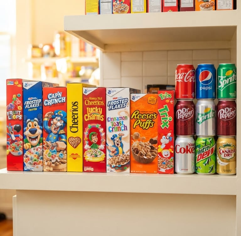 Straight-on eye-level shot of colorful, authentic American cereal boxes and soda cans stacked neatly on a bright cream shelf, warm morning sunlight, vibrant saturated colors, crisp focus, 35mm lens