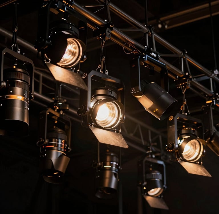 Close-up of industrial stage rigging and high-end lighting fixtures, sharp focus, low-key dramatic backlighting with amber highlights, 35mm lens