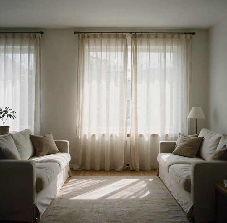 Wide architectural shot of a quiet, orderly living room filled with soft morning light, clean lines, linen curtains, and a sense of profound calm, 35mm editorial photography.
