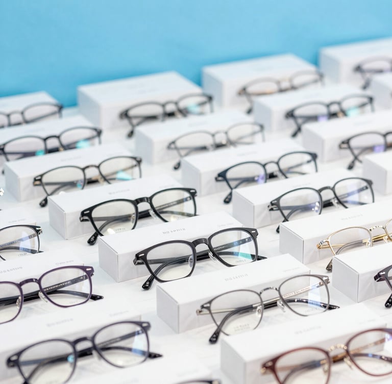 Crisp daylight shot, neatly packed white boxes of eyewear inventory on a sorting table, clean sky blue accents, 50mm lens