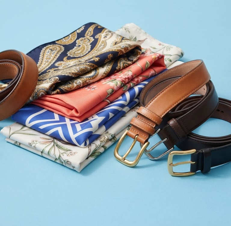 Bright high-key studio photograph of folded silk scarves and leather belts arranged neatly on a sky blue surface, crisp daylight, macro details