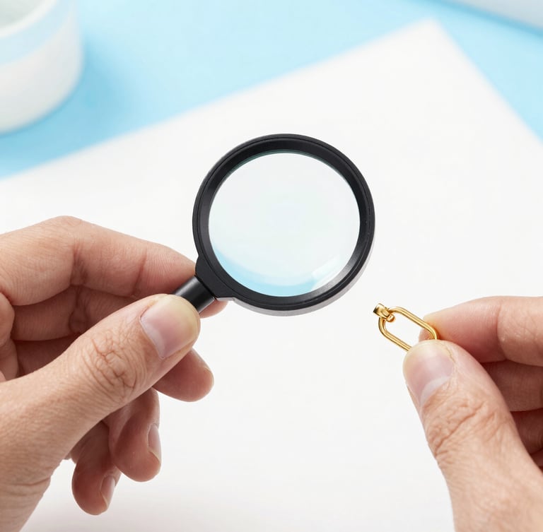 Macro studio photograph of a jewelry inspector checking a gold clasp with magnifying tools, bright high-key lighting, sky blue accents.
