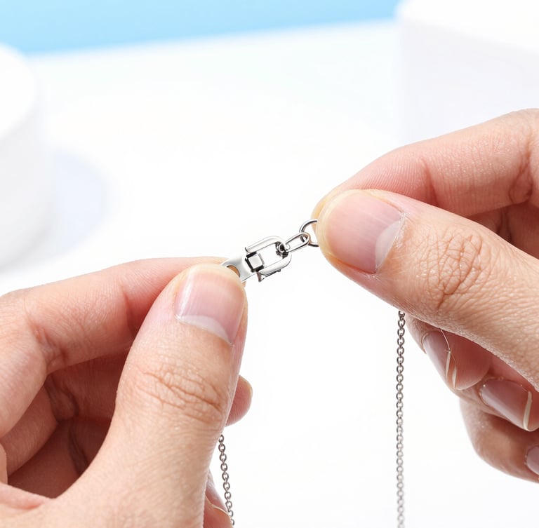 Macro shot of a quality control inspector examining a silver necklace clasp, bright studio lighting, white background, 50mm lens