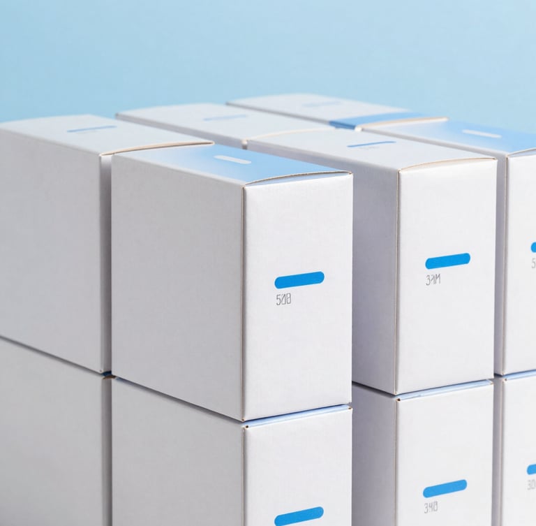 Neatly packed boxes undergoing quality control inspection in a bright, clean logistics facility, crisp daylight, sky blue accents, 50mm lens