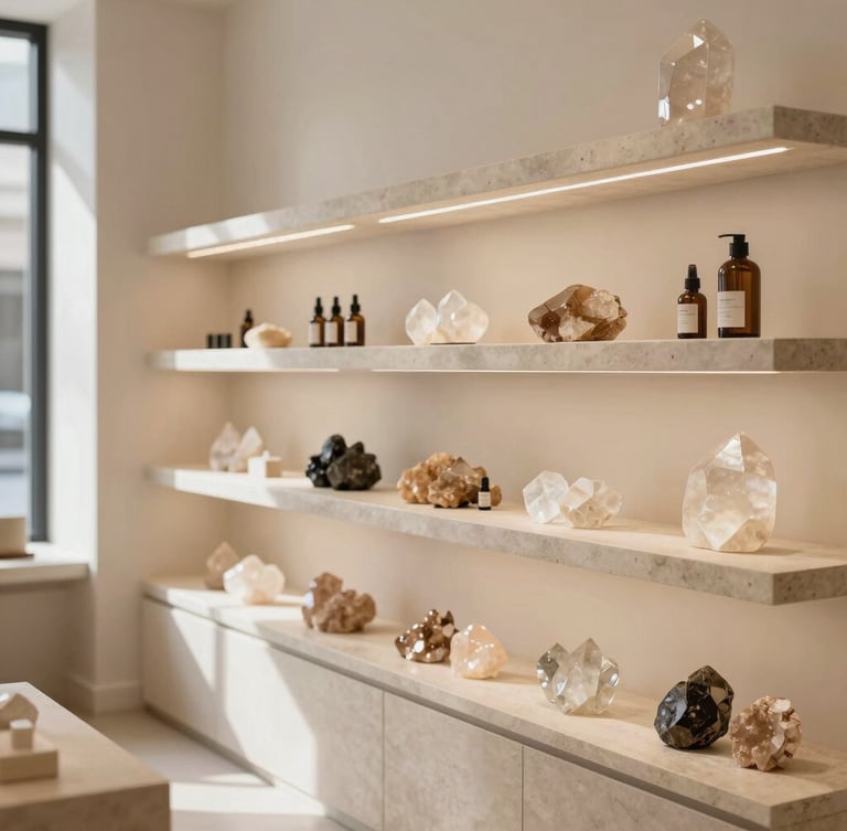 An architectural wide shot of a high-end Madison Avenue wellness boutique interior, minimalist stone shelves displaying raw crystals, warm gallery spotlighting, soft natural light, shallow depth of field.