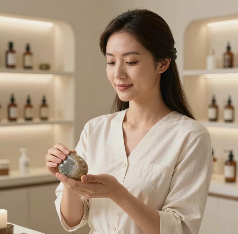 Elegant portrait of a serene wellness practitioner holding a polished stone, warm diffused daylight, modern luxury apothecary background.