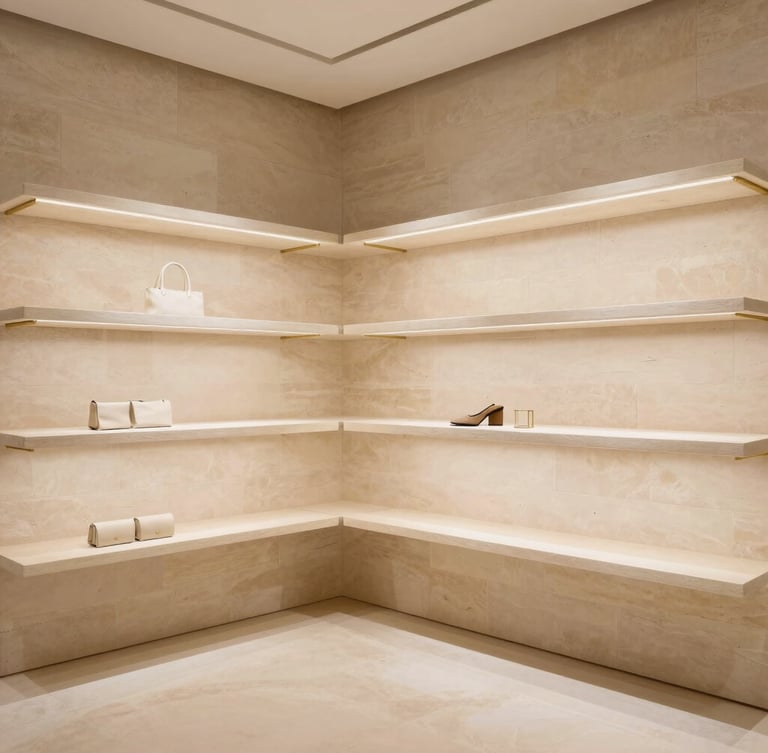 Architectural wide shot of a serene, high-end retail interior with warm stone walls, cream shelving, and subtle brass accents under soft diffused daylight.