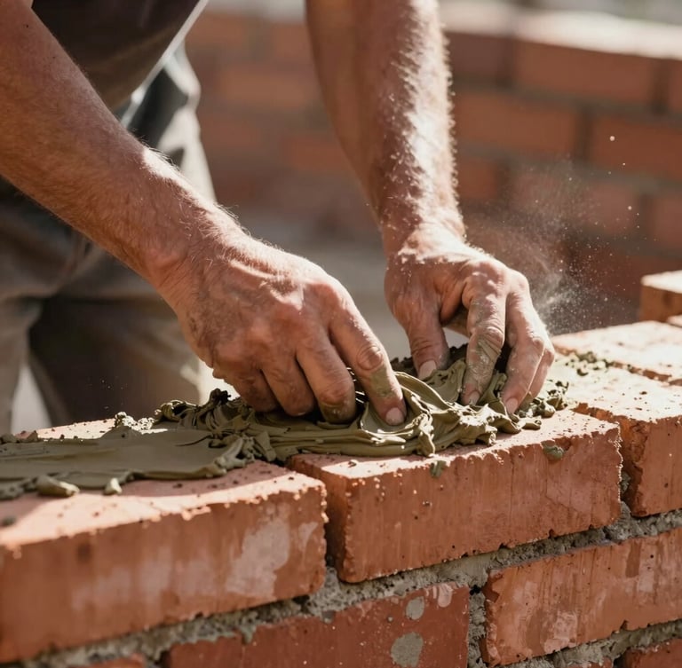 Close-up of a contractor's hands smoothing wet mortar on clean red brickwork, warm natural sunlight, dust particles visible in the air.