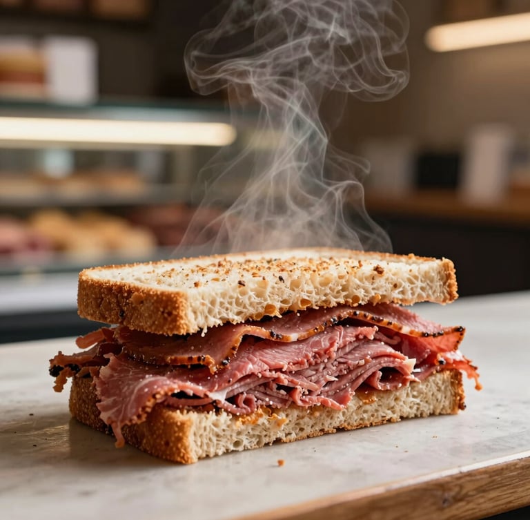 Close-up shot of a freshly sliced hot pastrami sandwich on rye, steam rising, warm counter light, deli counter background, shallow depth of field.