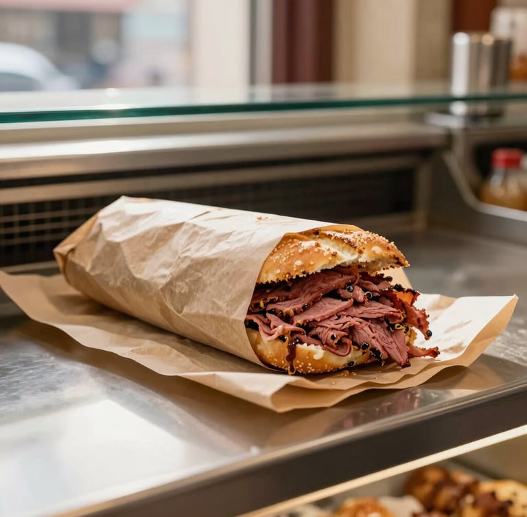 Warm ambient shot of a classic deli counter with a freshly sliced pastrami sandwich being wrapped in butcher paper, natural morning light