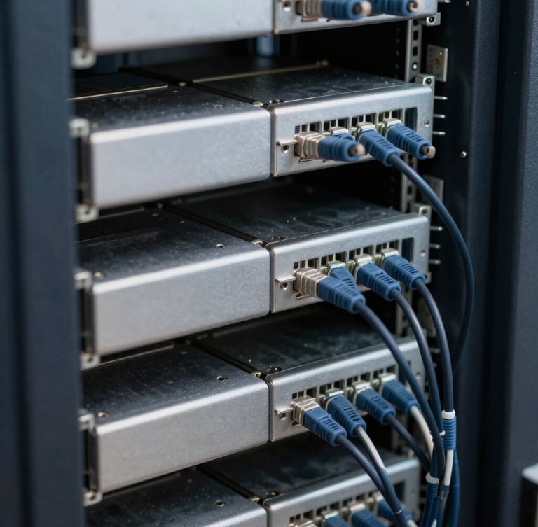 Macro shot of structured server rack cabling, clean clinical lighting, sharp focus on physical hardware connections.