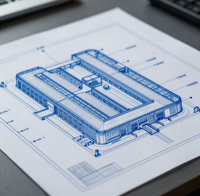 Architectural blueprint of a complex logistics facility, sharp blue lines on crisp white paper, high-contrast cool-toned office daylight, macro shot.