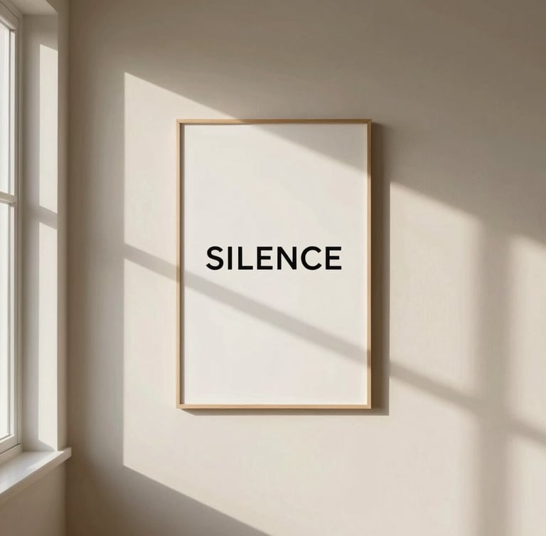 A minimalist typographic canvas print reading 'SILENCE' hung on a warm off-white wall, soft natural window light, long afternoon shadows, 35mm