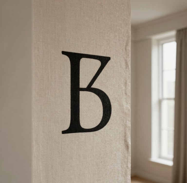 A close-up of textured linen canvas with black ink lettering, soft side-lighting, warm neutral tones, architectural framing, 35mm