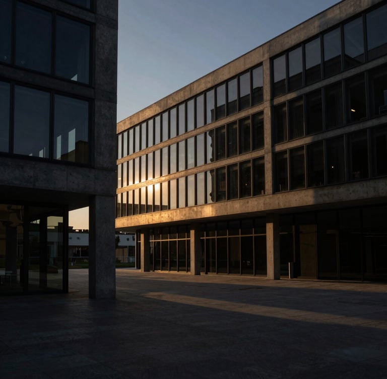 Wide cinematic shot of contemporary concrete and glass architecture at golden hour, deep black tones, warm dramatic lighting, long shadows, premium editorial photography