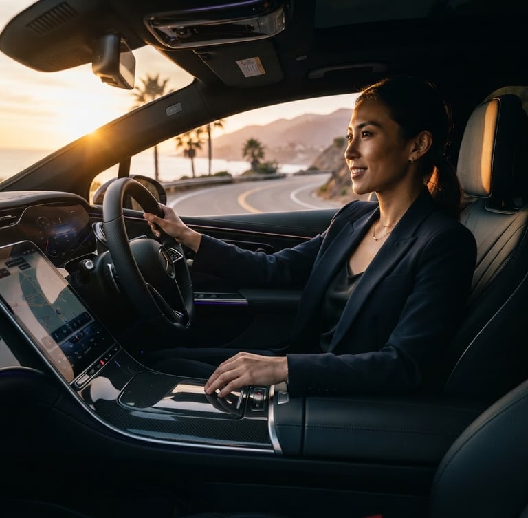 Cinematic environmental shot of a modern entrepreneur inside a sleek electric vehicle during golden hour, long shadows, warm light, high contrast, 35mm lens