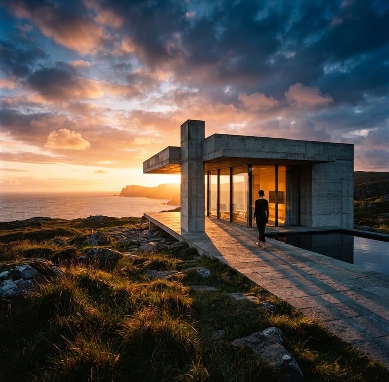 Cinematic wide shot of a minimalist concrete architectural pavilion at sunset, long shadows, warm golden light, high contrast, 35mm anamorphic lens