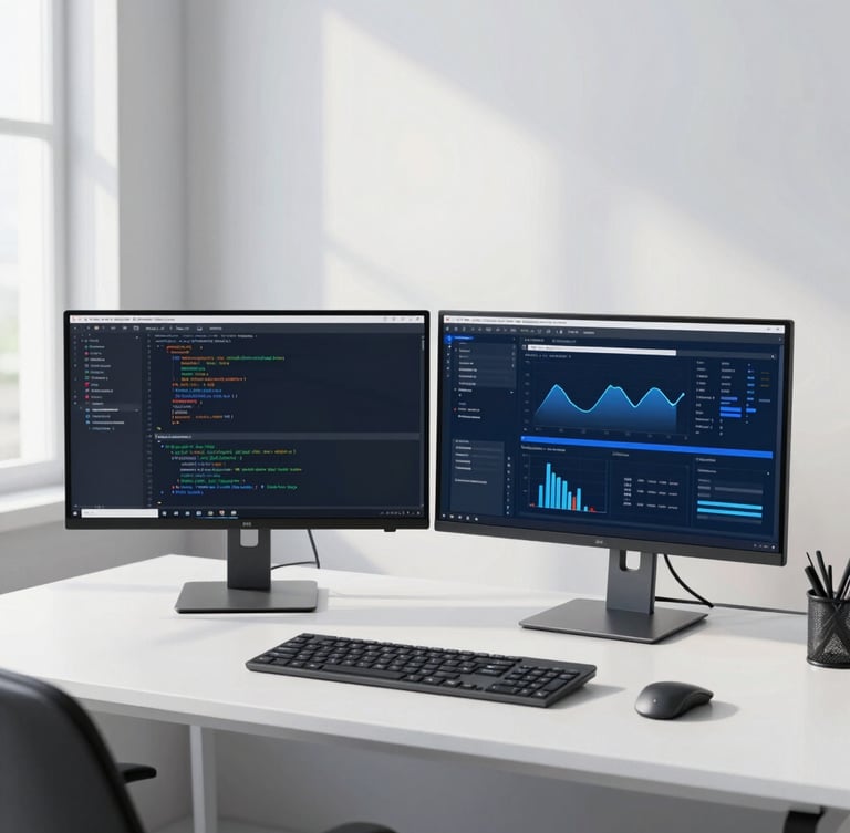Minimalist tech workspace with dual monitors showing code and analytics, bright natural daylight with cool blue accents, sharp focus, 35mm