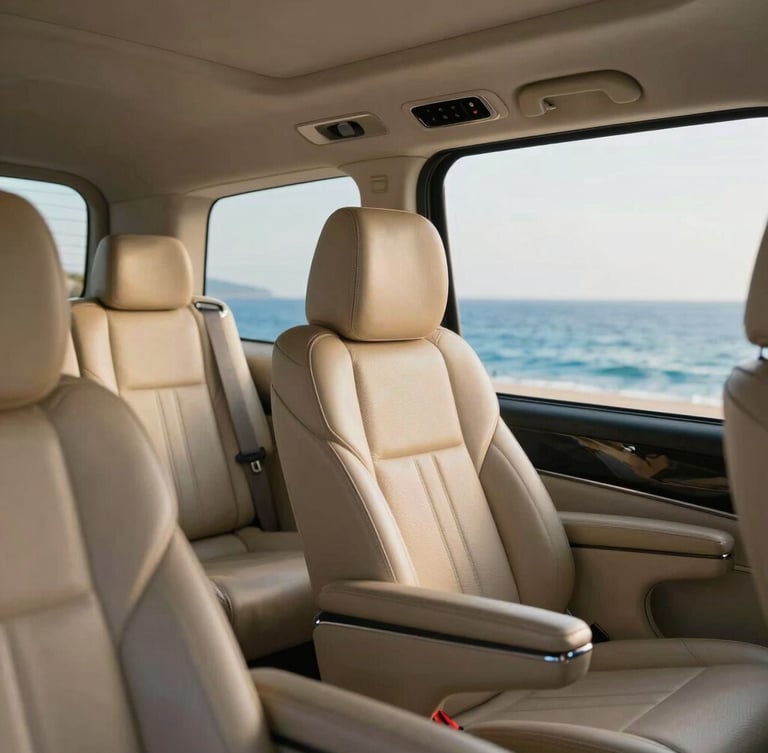 Close-up of a spotless modern Mercedes executive van interior, premium leather seating, bright soft coastal light pouring through the window, 35mm.
