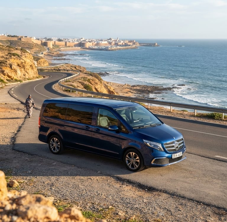 A spotless modern Mercedes-Benz V-Class van parked along the scenic coastal highway of Essaouira, bright natural daylight reflecting off the polished deep blue exterior, Atlantic ocean in the background.
