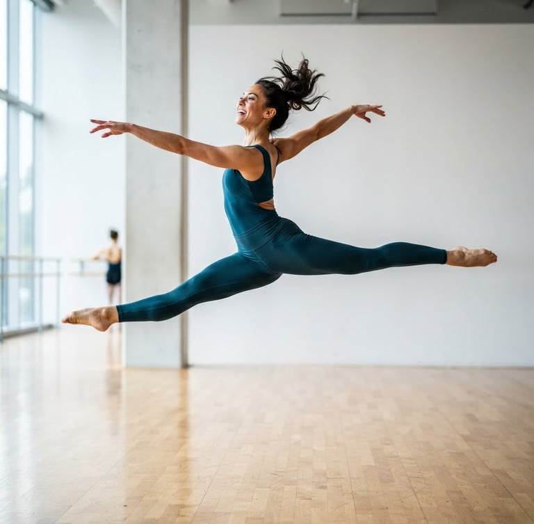 Dynamic action photography of a contemporary dancer captured mid-leap in a bright modern studio with crisp directional lighting highlighting athletic movement, 85mm lens