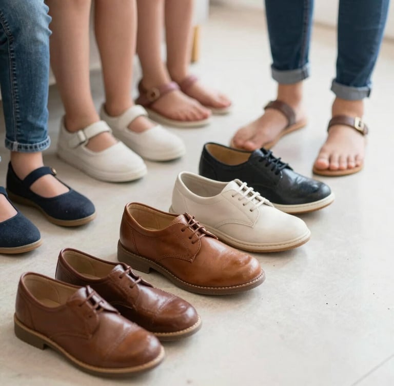 Zapatería Ocampo: a warm, natural daylight shot of a family's feet in various types of shoes (school, casual, adult) on a clean, light-colored floor, slightly blurred background, focus on the shoes and comfort, crisp commercial photography.