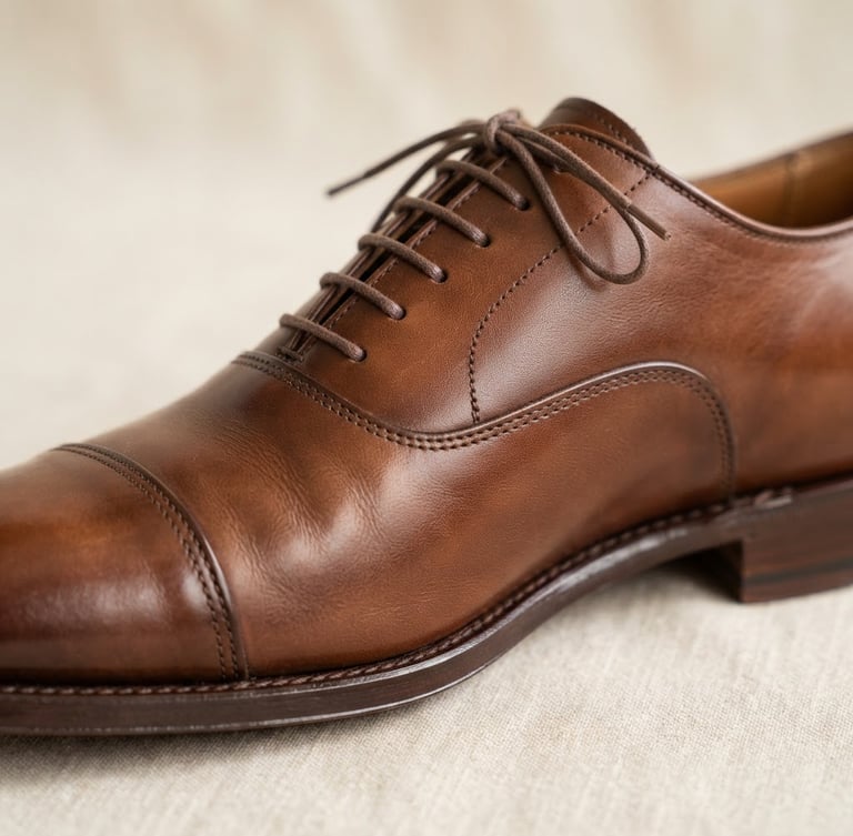 Close-up of a high-quality, elegant leather shoe, rich brown color, with subtle stitching details, bright natural daylight, on a clean background, shallow depth of field, crisp commercial photography.