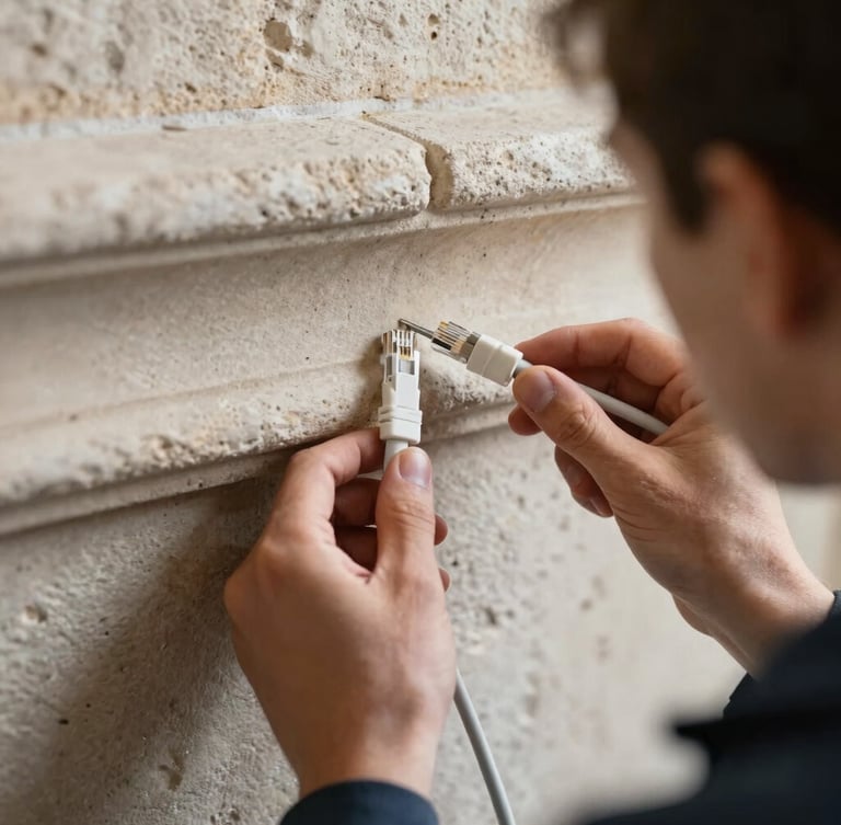 Over-the-shoulder macro shot of a technician precisely routing a white ethernet cable along a historic stone wall molding, natural daylight.