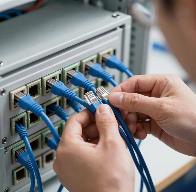 Macro over-the-shoulder shot of a technician precisely connecting neat blue ethernet cables into a patch panel inside a clean workspace, natural daylight.