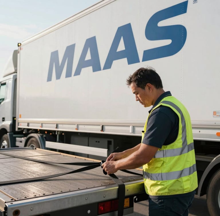 Close-up of a professional MAAS TRUCKING driver in high-visibility gear, meticulously checking cargo straps on a flatbed trailer, crisp morning daylight, high-contrast cool tones.