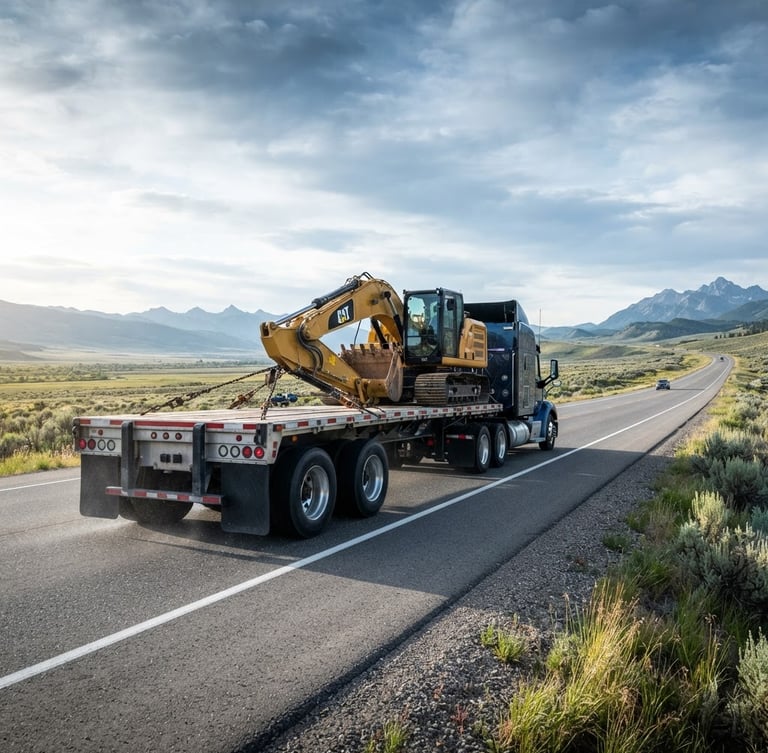 Low-angle heroic shot of a modern MAAS TRUCKING semi-truck with a flatbed trailer loaded with heavy machinery, crisp morning daylight, high-contrast cool tones, wide-angle lens, 35mm. The truck is positioned on a regional highway, moving away from the viewer, with expansive sky.