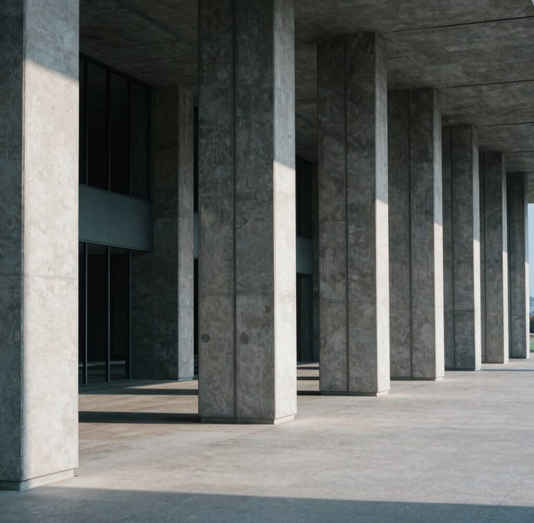 Wide architectural angle of concrete and steel pillars with stark, cool-toned daylight shadows, minimal modern design, negative space.
