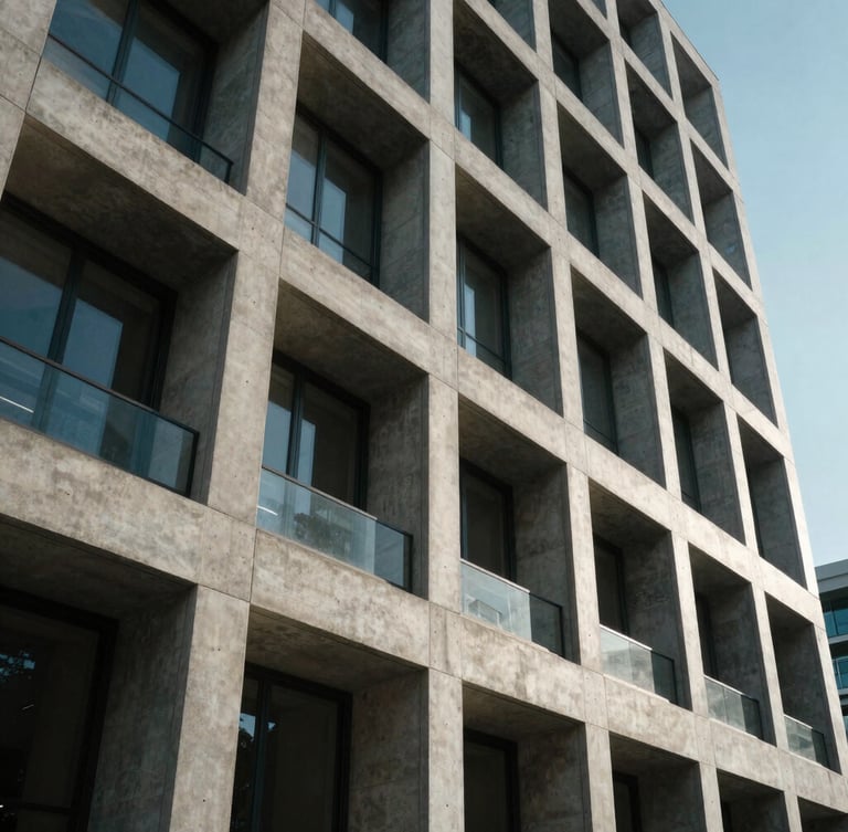Wide architectural angle of a modern concrete and steel corporate building facade, sharp geometric shadows, cool-toned daylight.