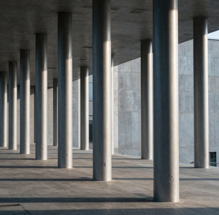 High-contrast architectural detail of modern steel and concrete columns, cool-toned morning daylight, sharp diagonal shadows, wide angle.