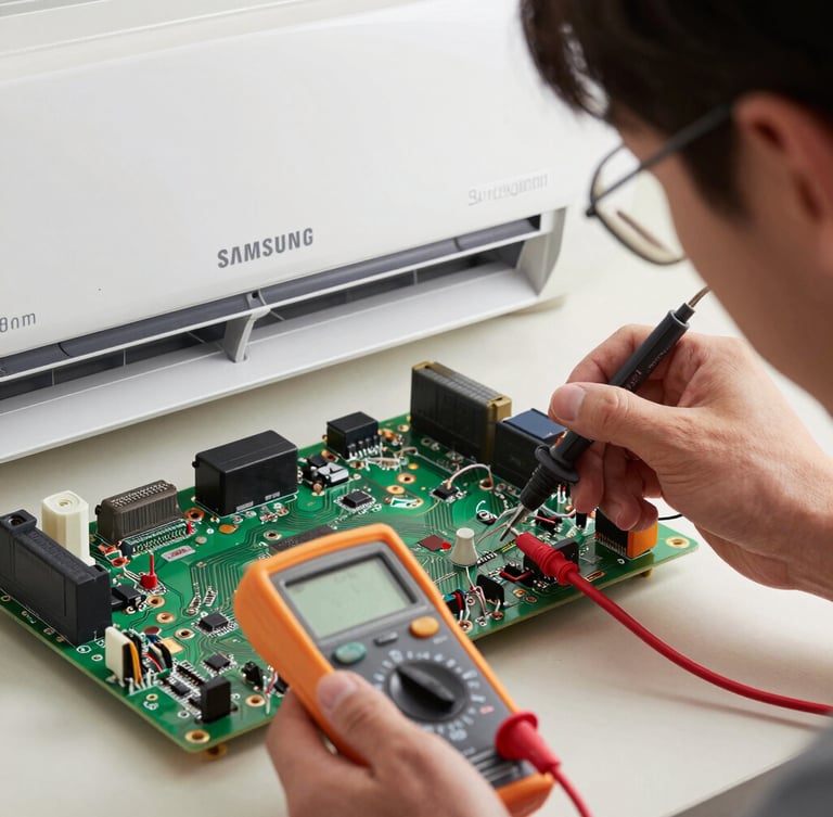 Macro shot of a high-tech Samsung air conditioner digital circuit board, a professional technician testing electrical connections with a digital multimeter probe under bright white utility light