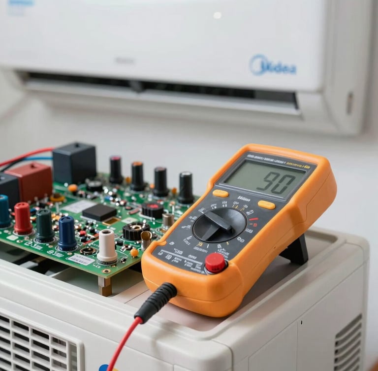 Macro shot of a professional digital multimeter testing the electrical circuit board of a modern Midea air conditioner, crisp white utility lighting, technical precision.