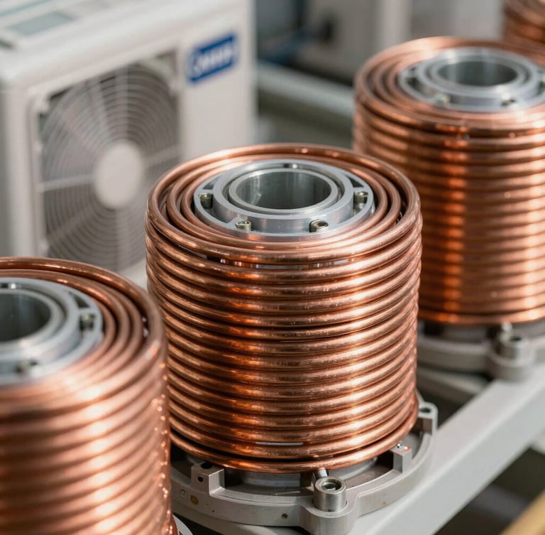 Macro close-up shot of clean copper coils of a Carrier air conditioning unit, bright daylight, technical focus on mechanical precision.