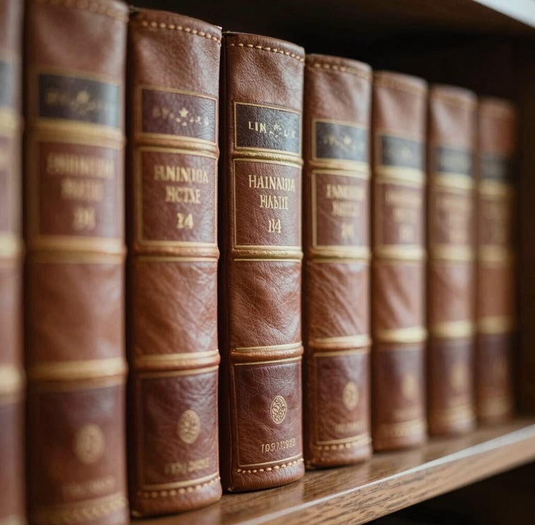 Macro close-up of leather-bound legal volumes on a dark wooden shelf, warm natural light, soft shadows